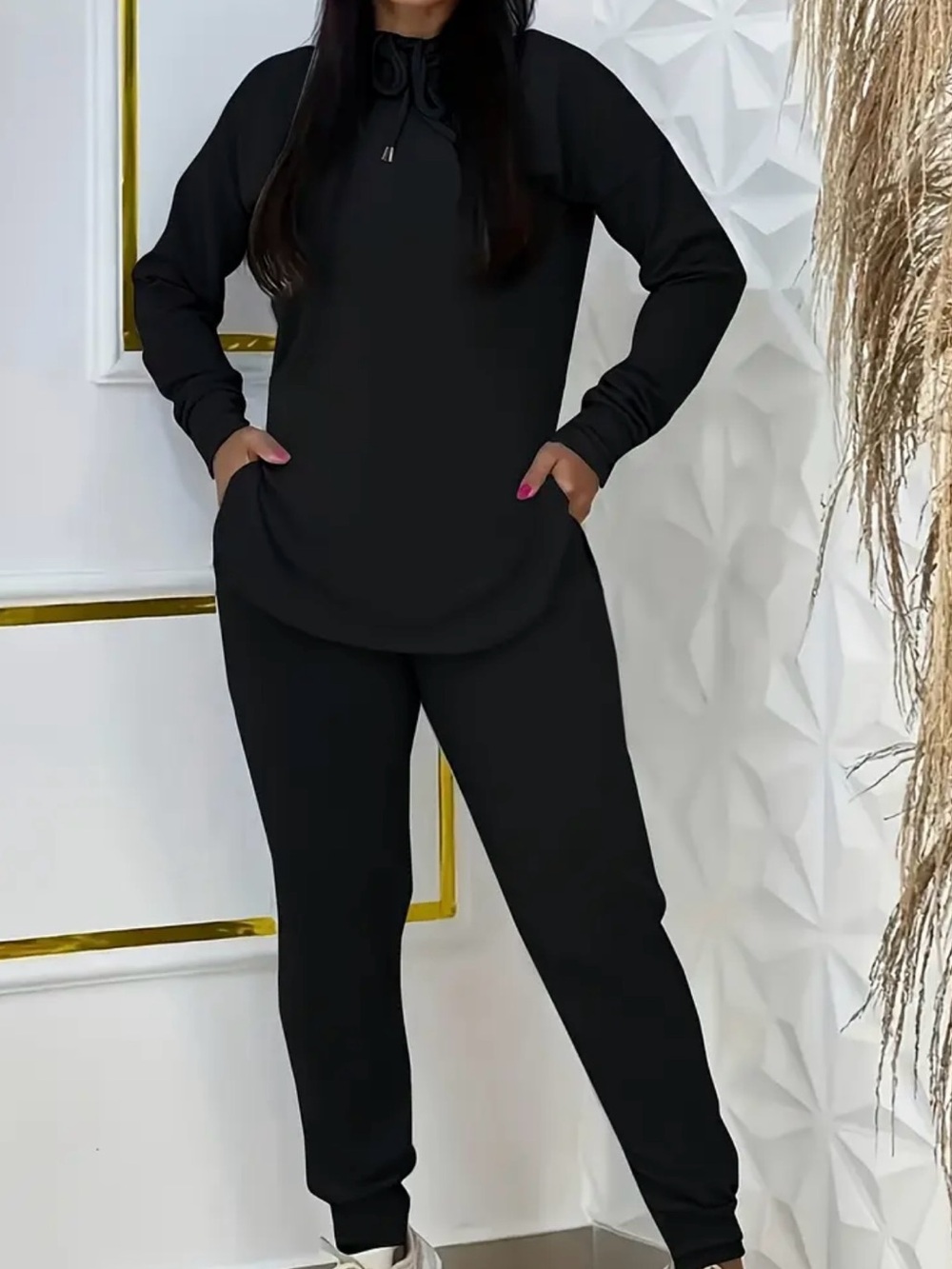Black Women's Lightweight Jogger Set - Casual Lounge Pants & Hoodie